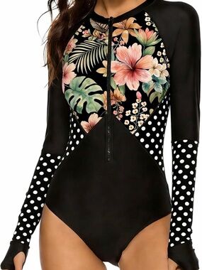 Black Floral & Polka Dot Long-Sleeve One-Piece Swimsuit
